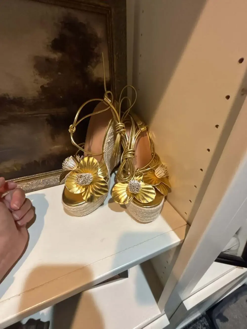 Metallic Gold Floral Espadrille Wedge Sandals with Lace-Up Detail